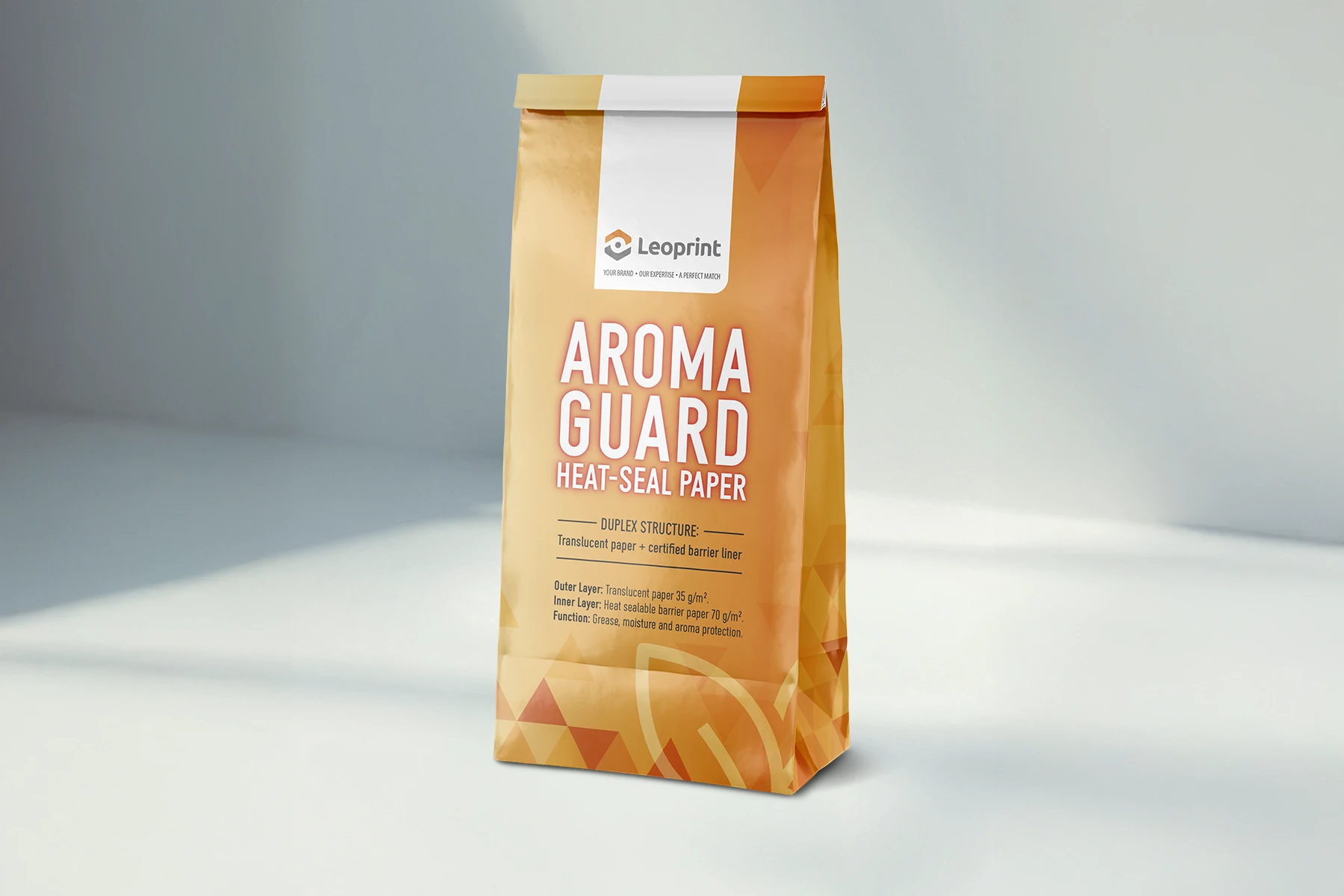 Wizualizacja papierowej torebki z dnem klockowym Leoprint z papieru termozgrzewalnego Aroma Guard (PAP 22)