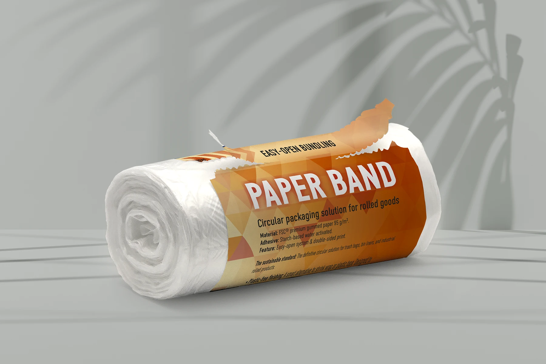 Paper band with Easy-Open strip around a roll of plastic bags