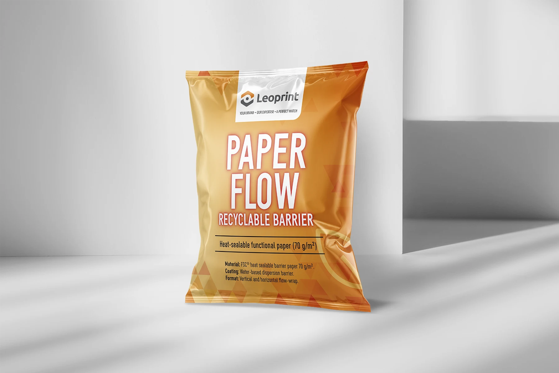 Wizualizacja opakowania flow-pack z papieru barierowego do recyklingu (Paper Flow)