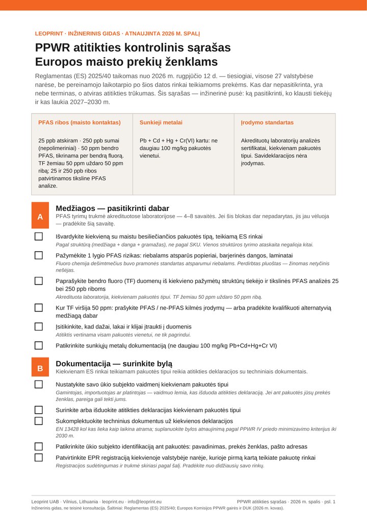 PPWR atitikties kontrolinis sąrašas