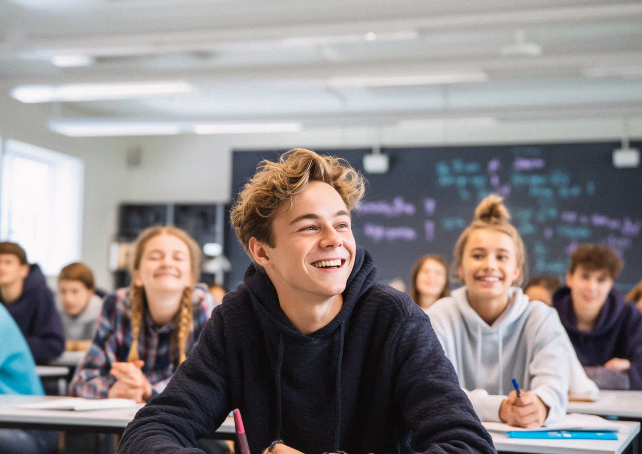 Smilende gutt i klasserom