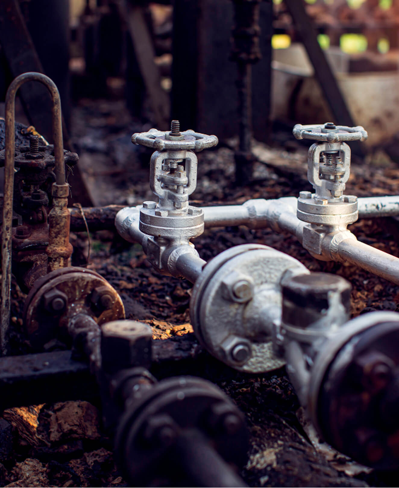 Close-up of industrial piping – manufacturing process subject to environmental impact measurement