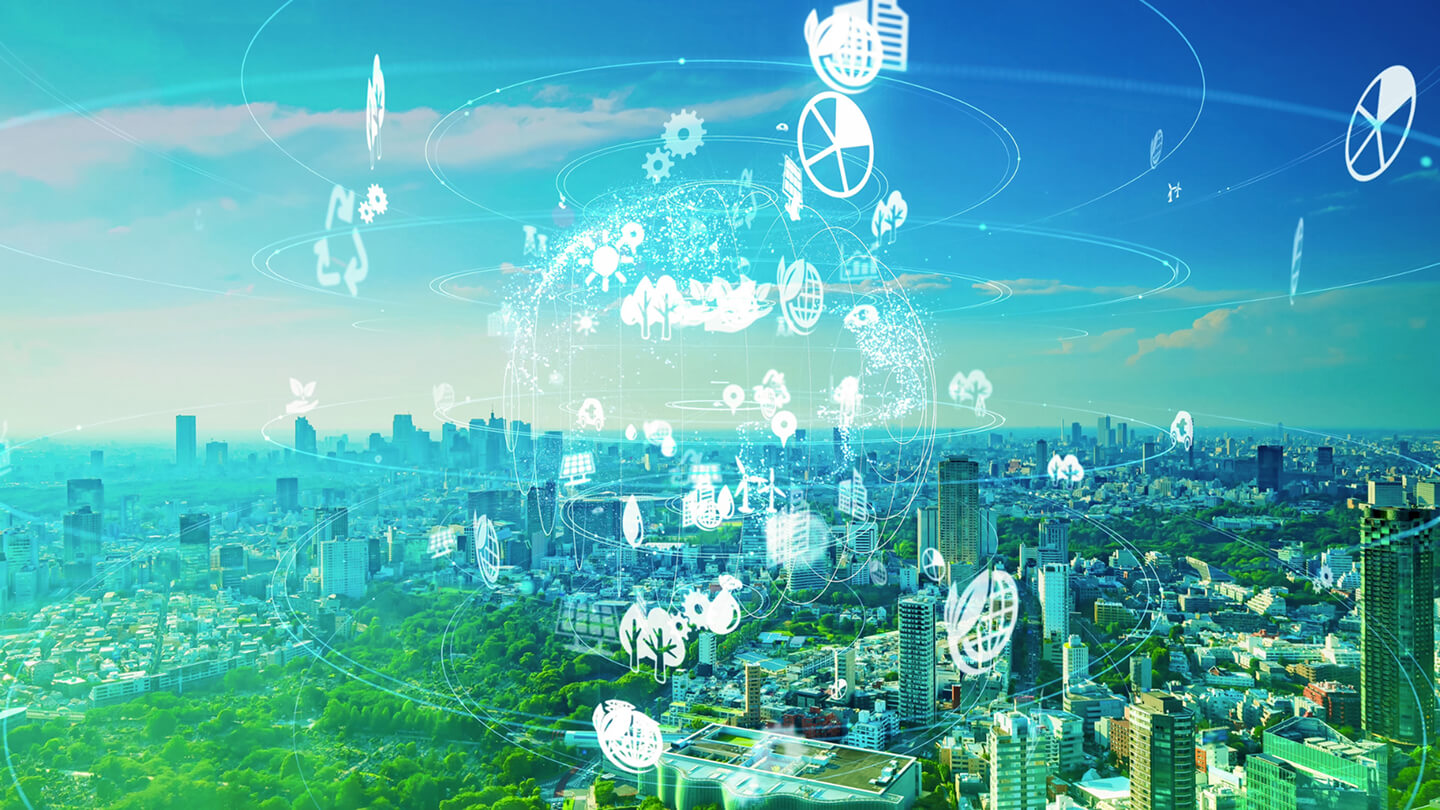 Sustainable city skyline with digital data overlay – visualizing smart urban planning and environmental reporting