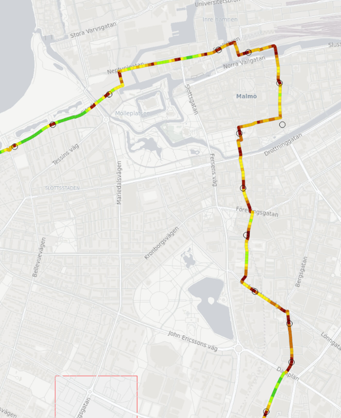Zoomed-in digital transit map highlighting route paths – Flowmapper route optimization example