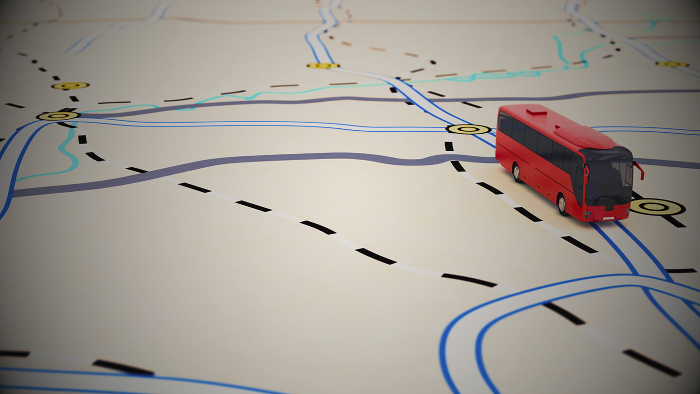 Illustration of a public transport map with a red bus model – visualizing route data analysis with Flowmapper