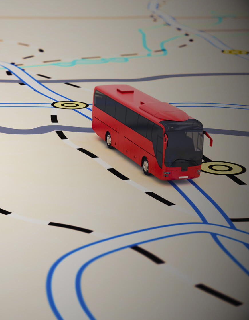 Illustration of a public transport map with a red bus model – visualizing route data analysis with Flowmapper