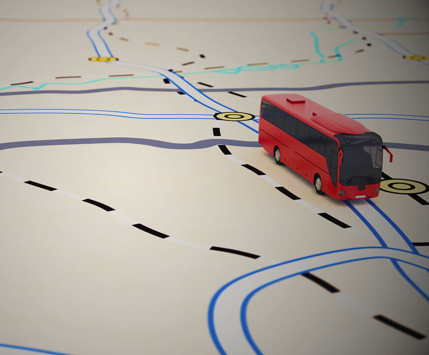 Illustration of a public transport map with a red bus model – visualizing route data analysis with Flowmapper