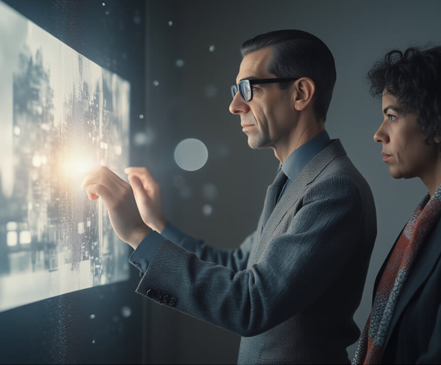 Two professionals interacting with an AI-powered digital interface – SvenAI platform by Tyréns