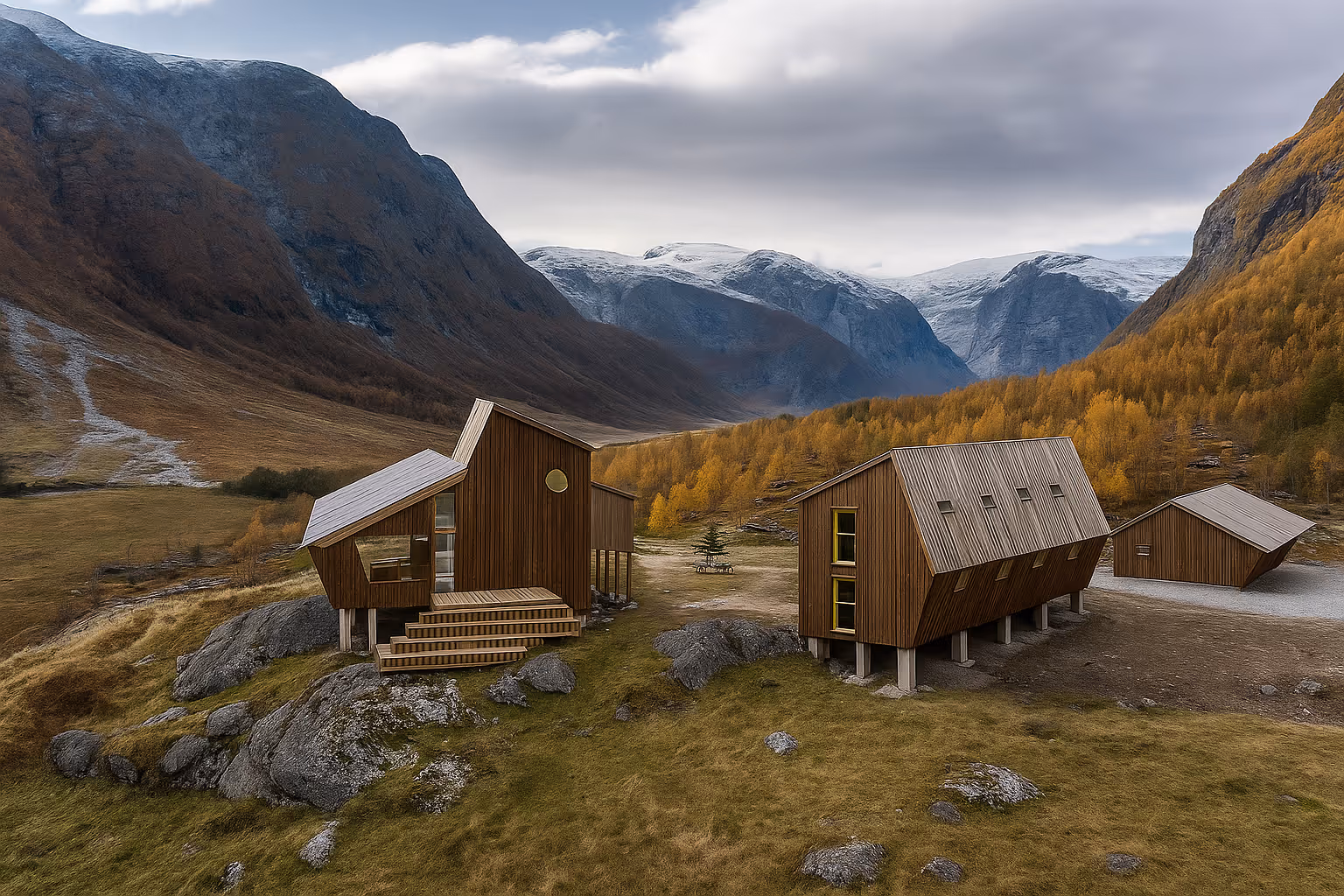 Modern sustainable cabins in a mountainous landscape representing innovative architecture by Tyréns Group