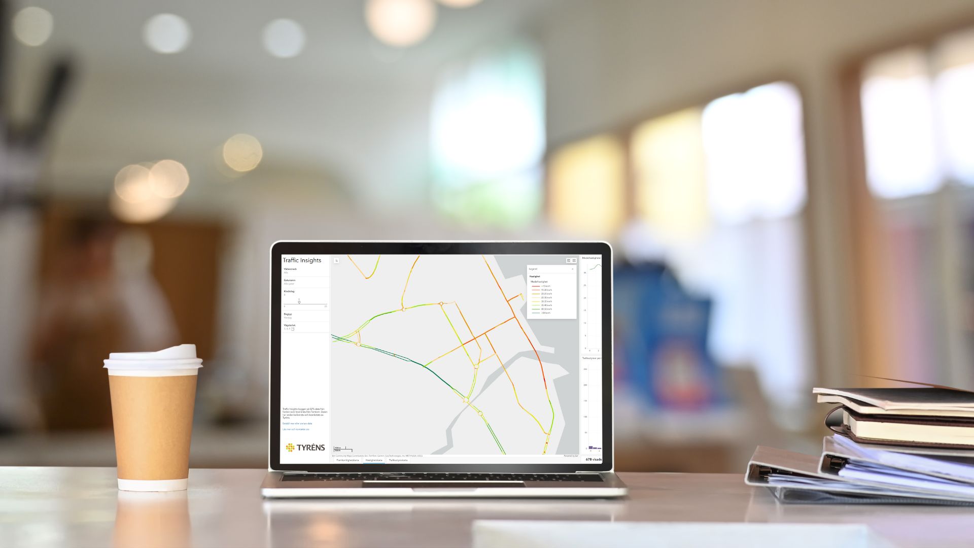 A laptop with Traffic Insights system, giving statistics over the car traffic in a city.