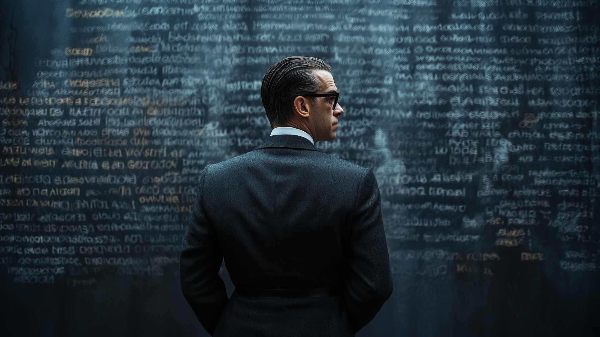 Man in a suit facing a wall of code – representing AI strategy and forward-thinking innovation at Tyréns