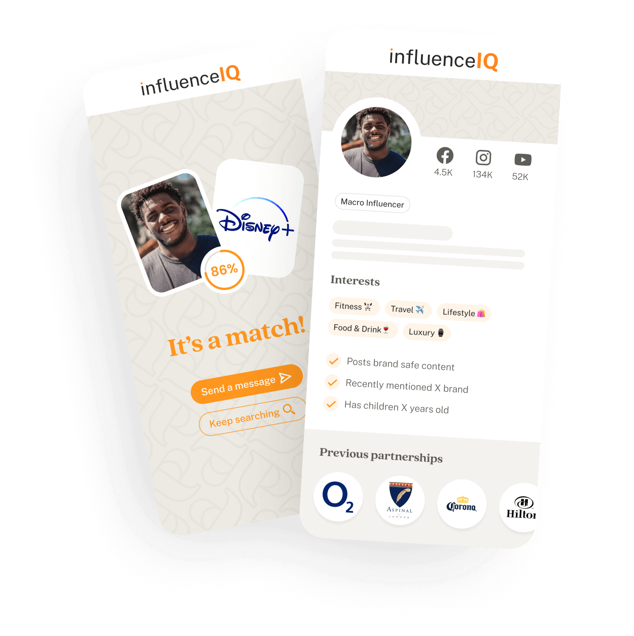 influencer IQ app graphic displaying an influencer profile and their match with a campaign