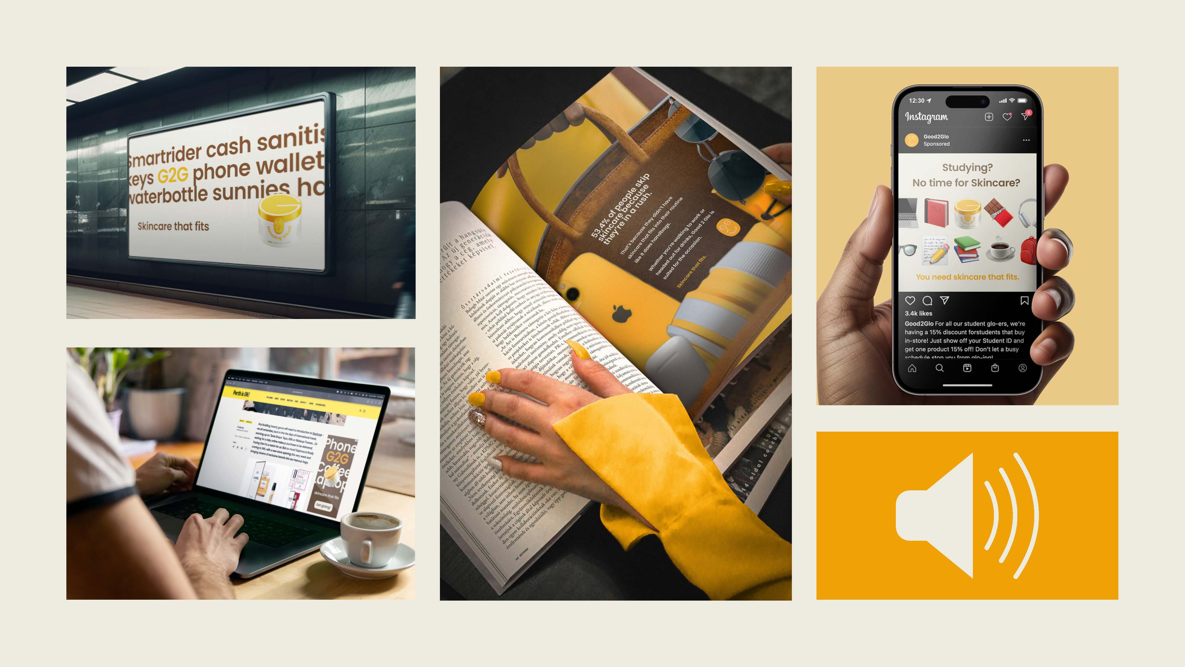 An Overview of the Good 2 Glo billboard, digital ad, print ad, instagram post and radio ad