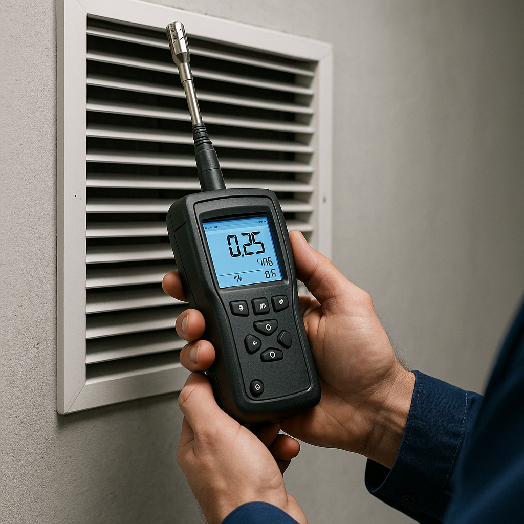 Hands installing whole-house humidifier unit on duct.