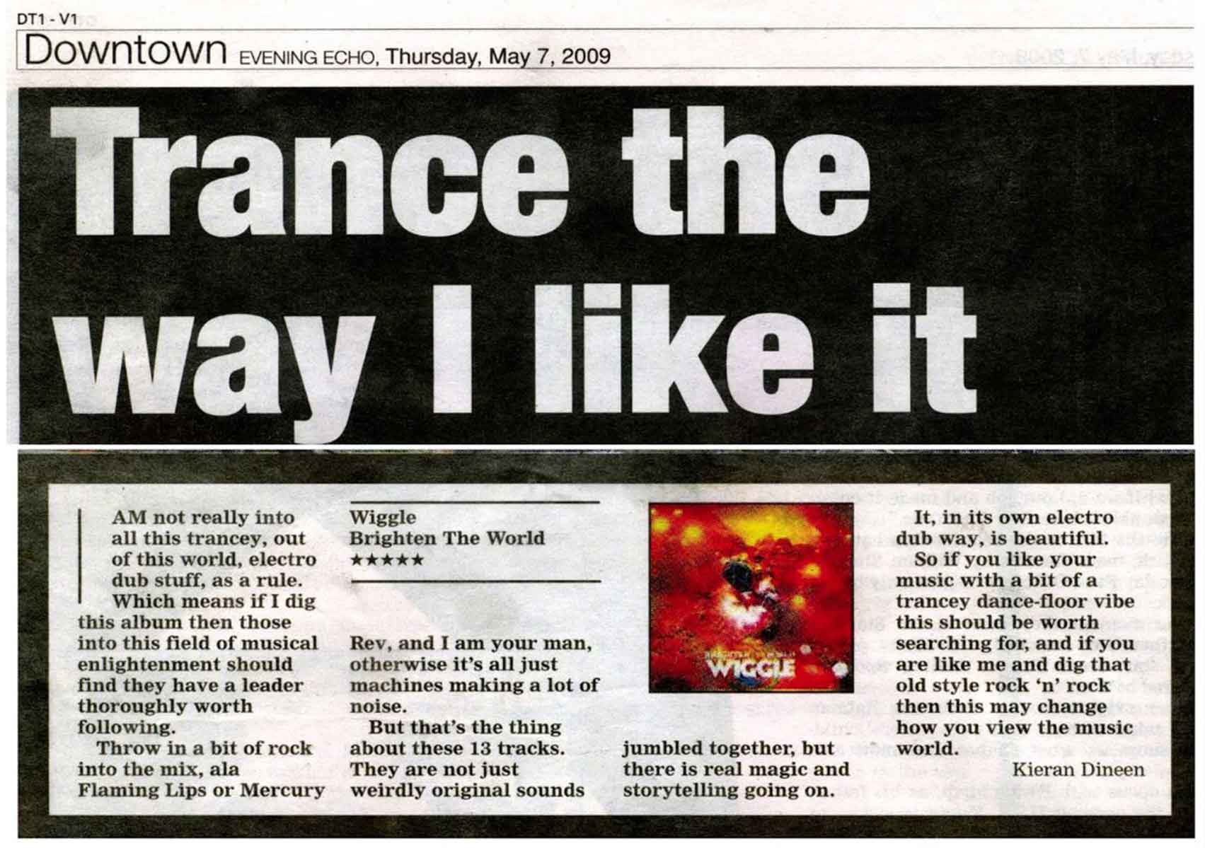 A news print article in the Downtown Evening Echo Cork, May 2009 - Wiggle release 'Brighten the Word' LP