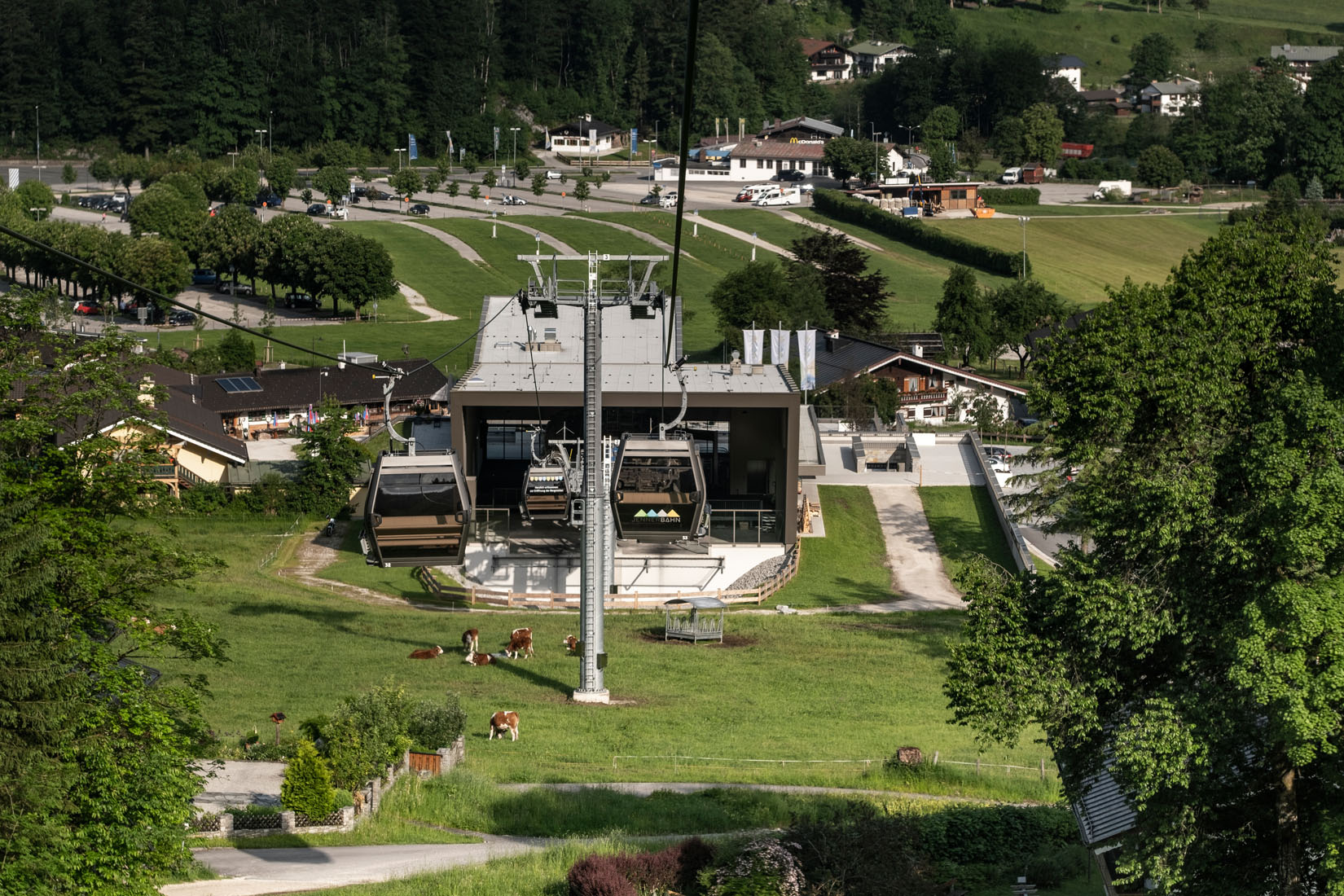 ennerbahn-Talstation mit Gondeln und grasenden Kühen im Sommer