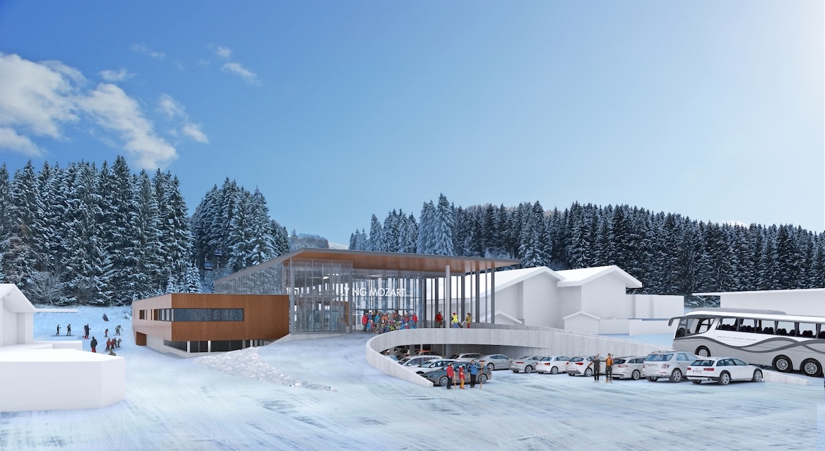 Visualisierung der Flying Mozart Talstation mit Parkplätzen, Busanbindung und verschneiter Umgebung
