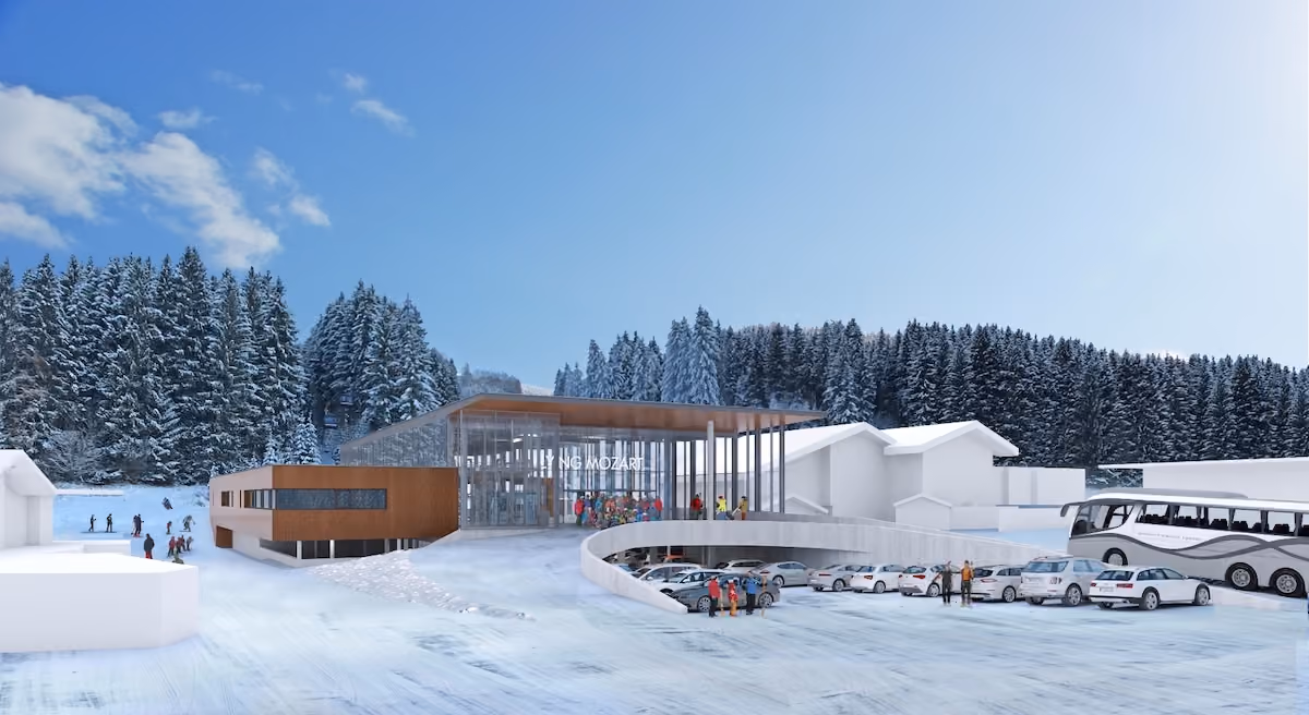 Visualisierung der Flying Mozart Talstation mit Parkplätzen, Busanbindung und verschneiter Umgebung