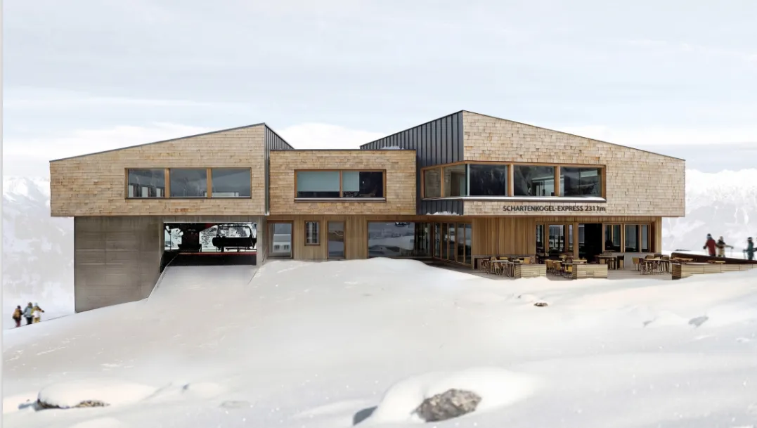Visualisierung der Bergstation Schartenkogel-Express mit Restaurant und Terrasse am Glungezer