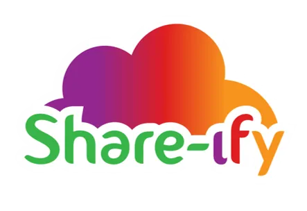 Share-ify colorful cloud logo with green, red, purple, and orange branding on a dark background.