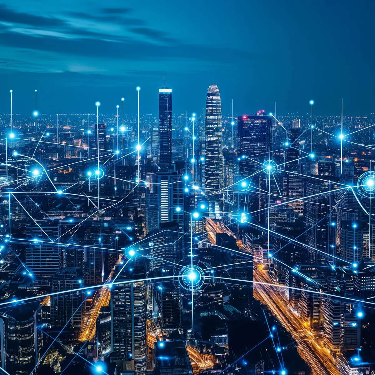 Illuminated city at night with digital network connections, representing global data sharing infrastructure.