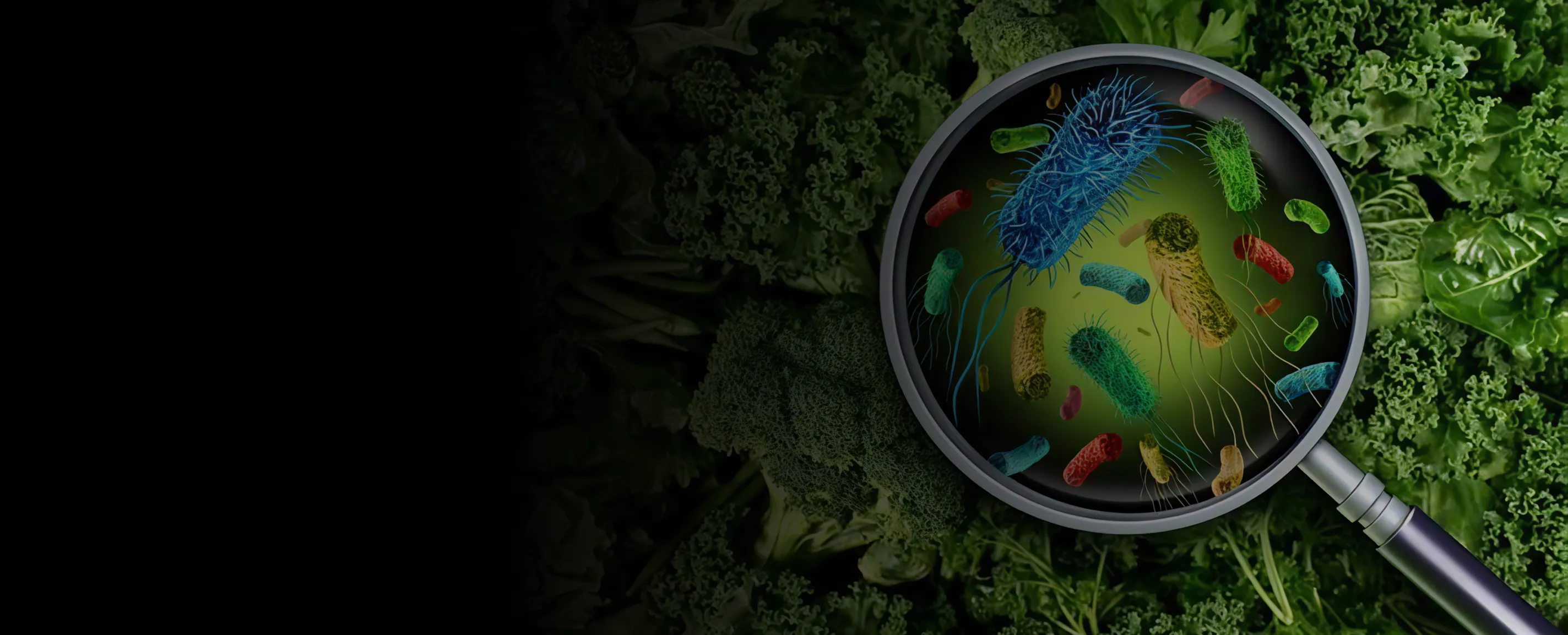 Magnifying glass revealing colorful bacteria on fresh leafy greens, illustrating hidden foodborne safety risks.