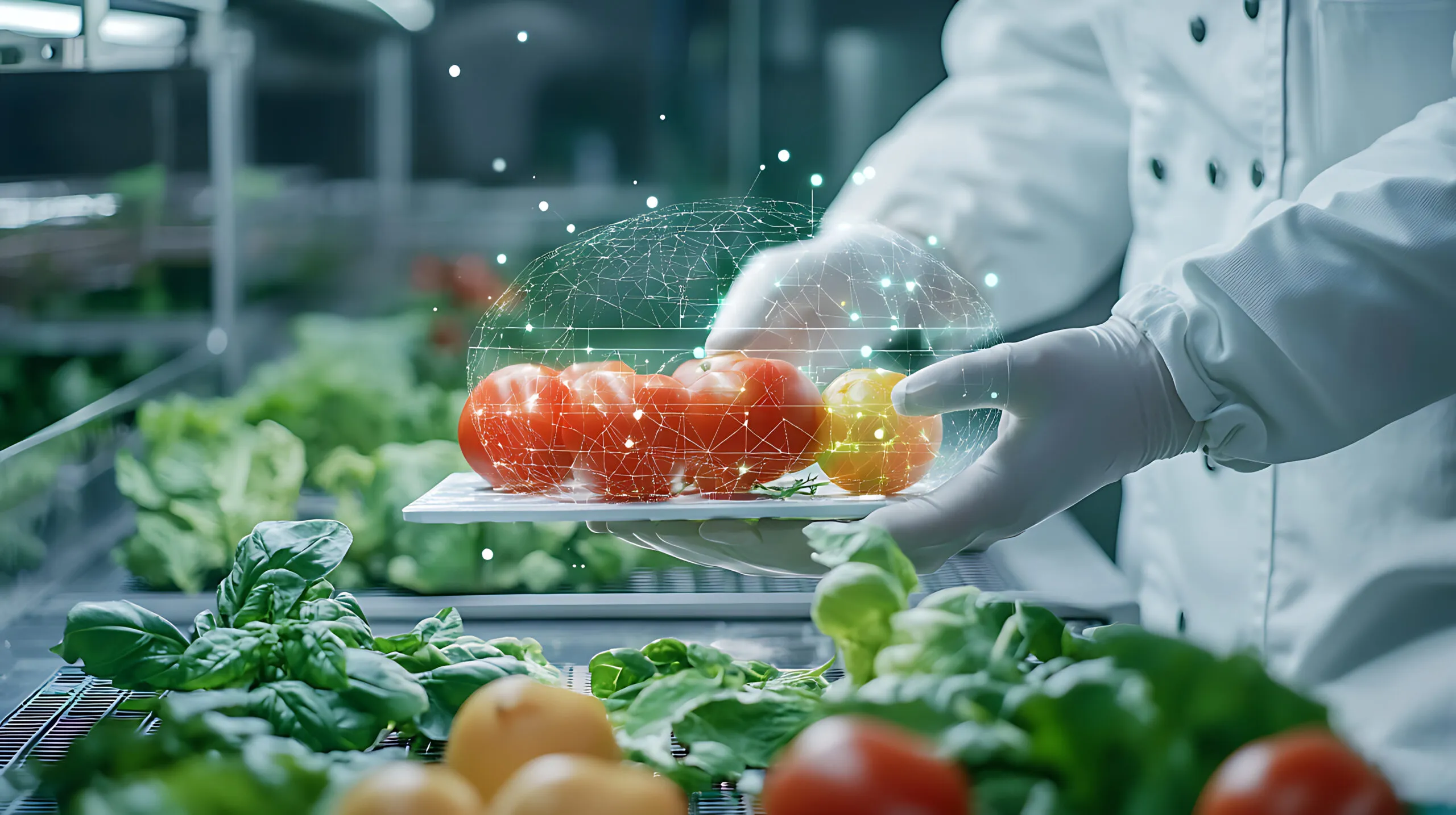 Gloved hand inspects fresh tomatoes with a digital holographic network overlay, representing AI-powered food traceability.