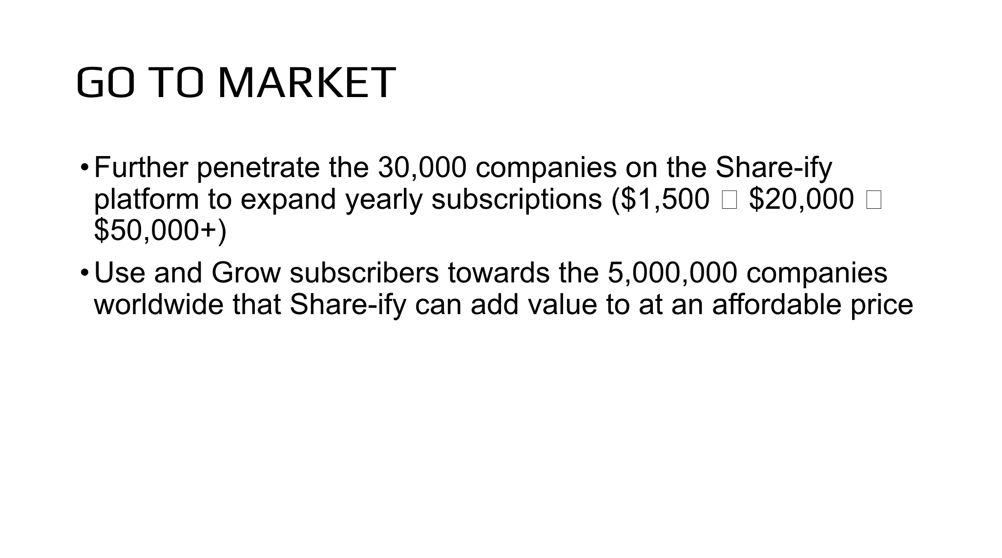 Slide outlining Share-ify's go-to-market strategy to grow subscriptions from $1,500 to $50,000+ across millions of companies.