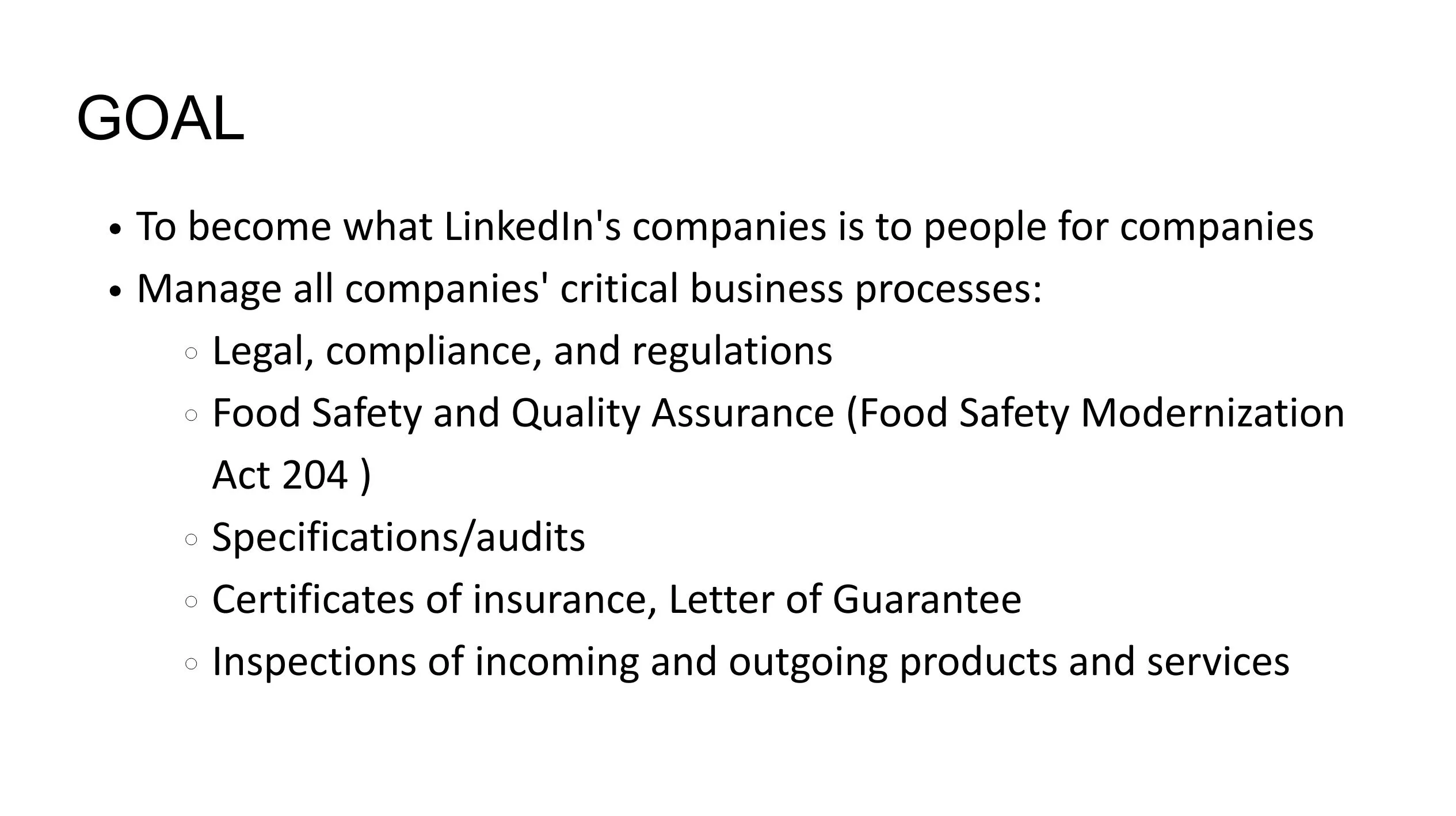 Slide outlining Share-ify's goal to manage critical business processes including food safety and compliance.