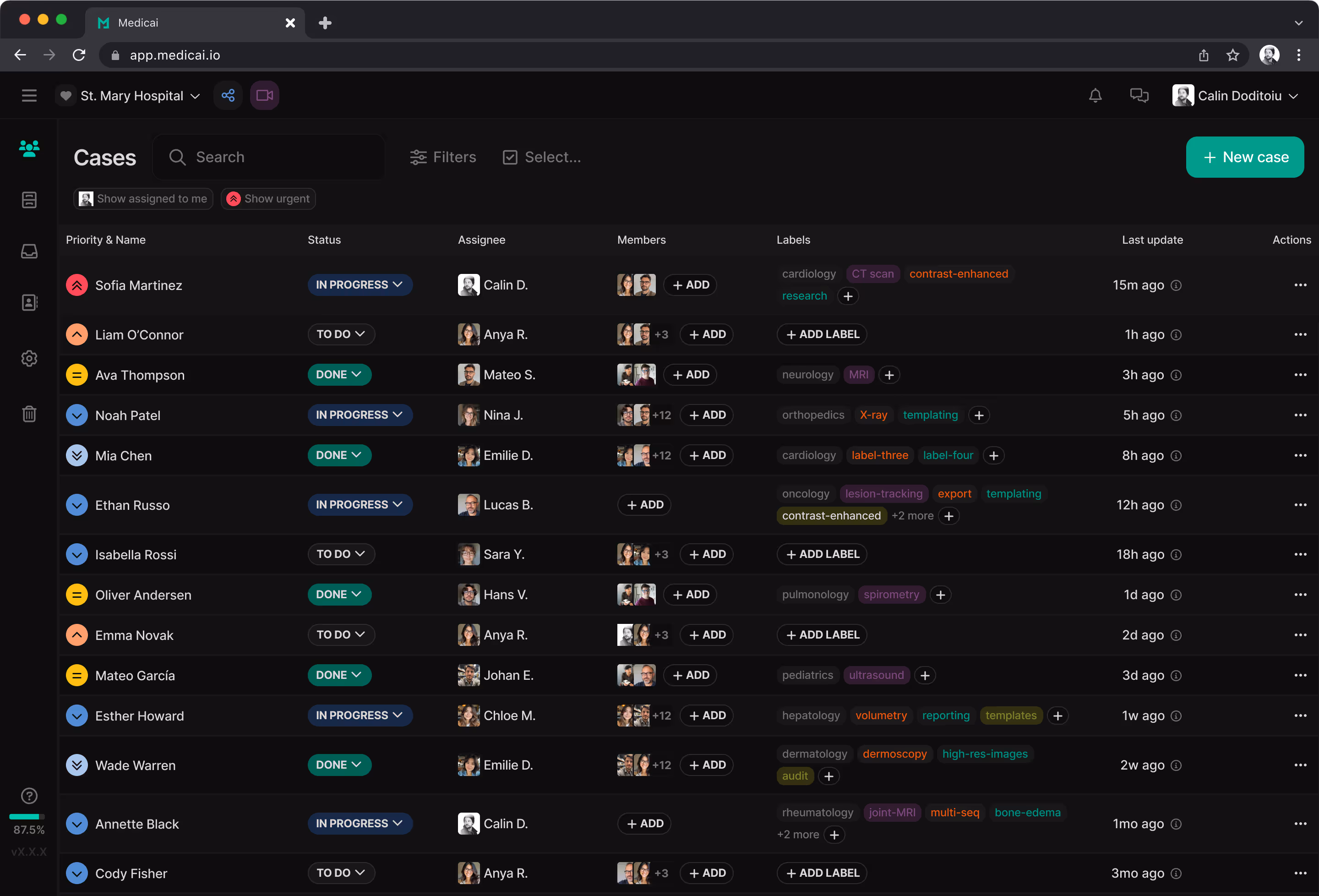 A screenshot of the Medicai web app, showing the cases list in dark mode