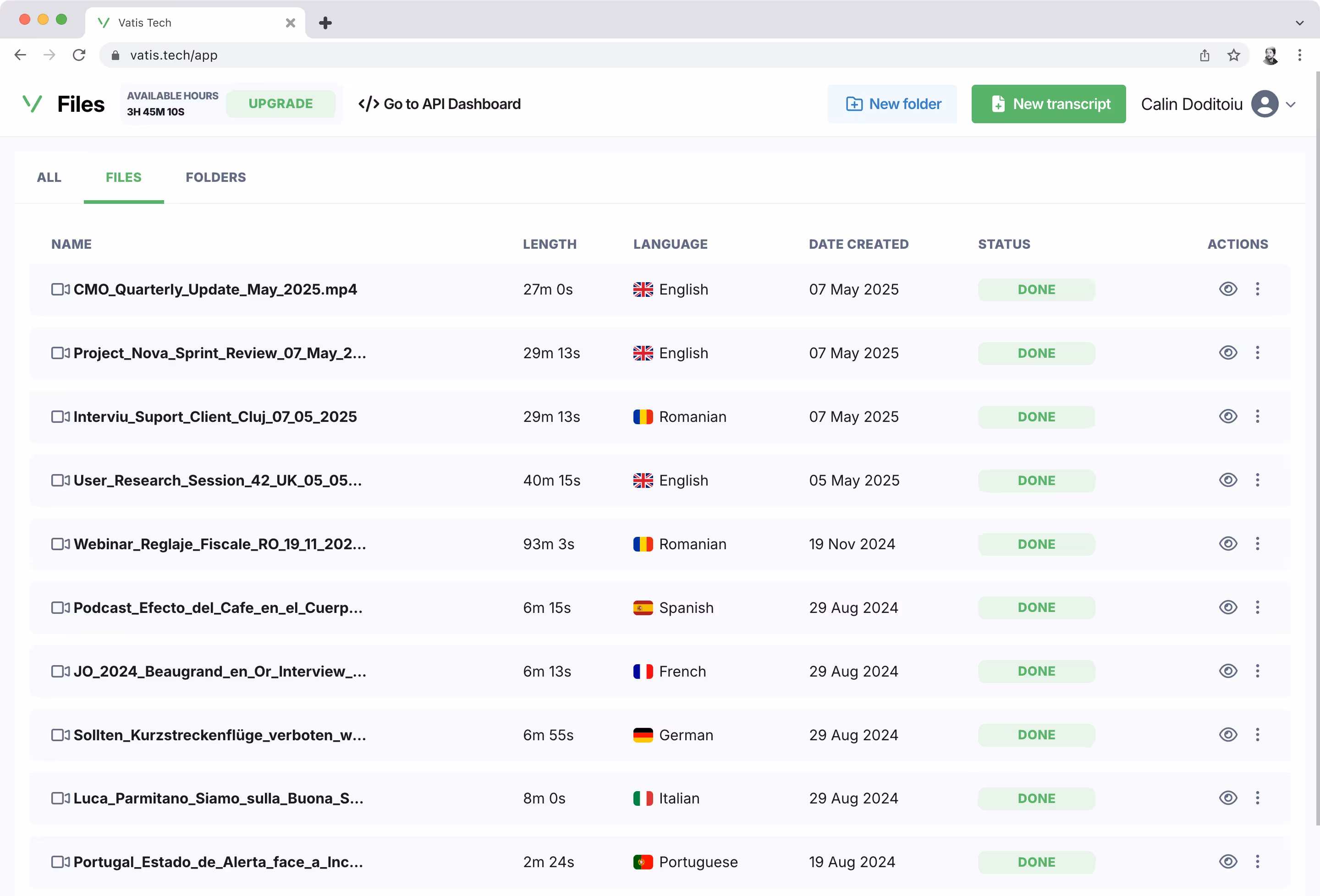 A screenshot of the Vatis Tech app, showing the Files section