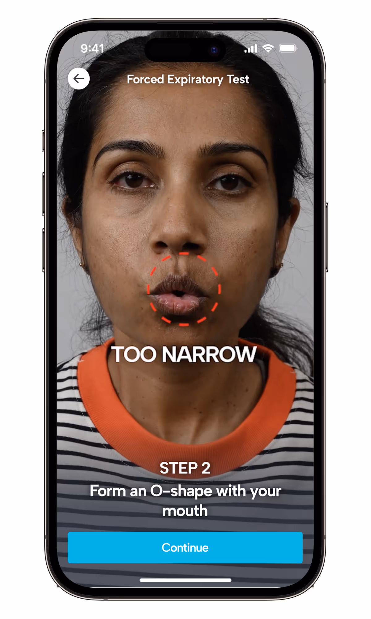 Screen of Eupnoos Mobile App showing Step 2 of the Forced Expiratory Test flow