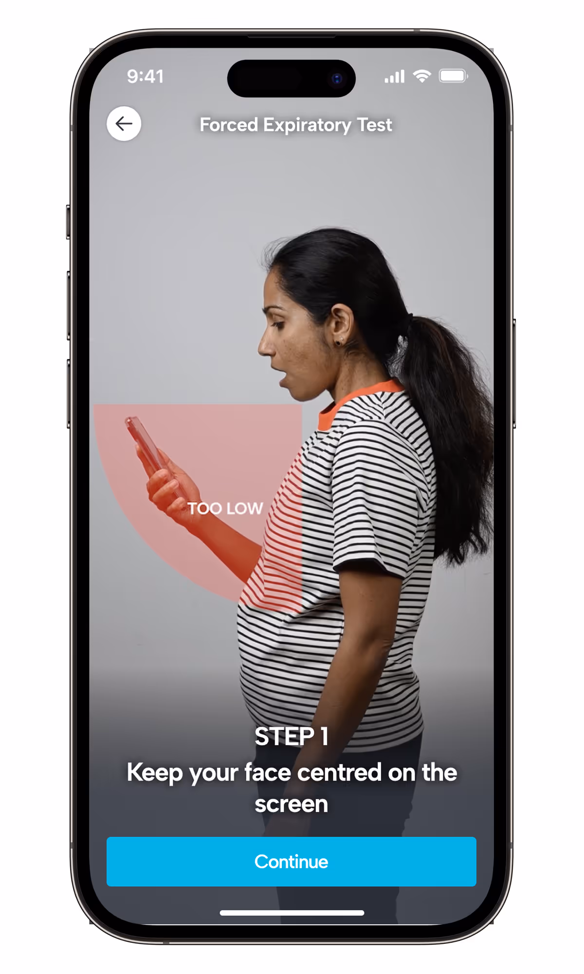 Screen of Eupnoos Mobile App showing Step 1 of the Forced Expiratory Test flow
