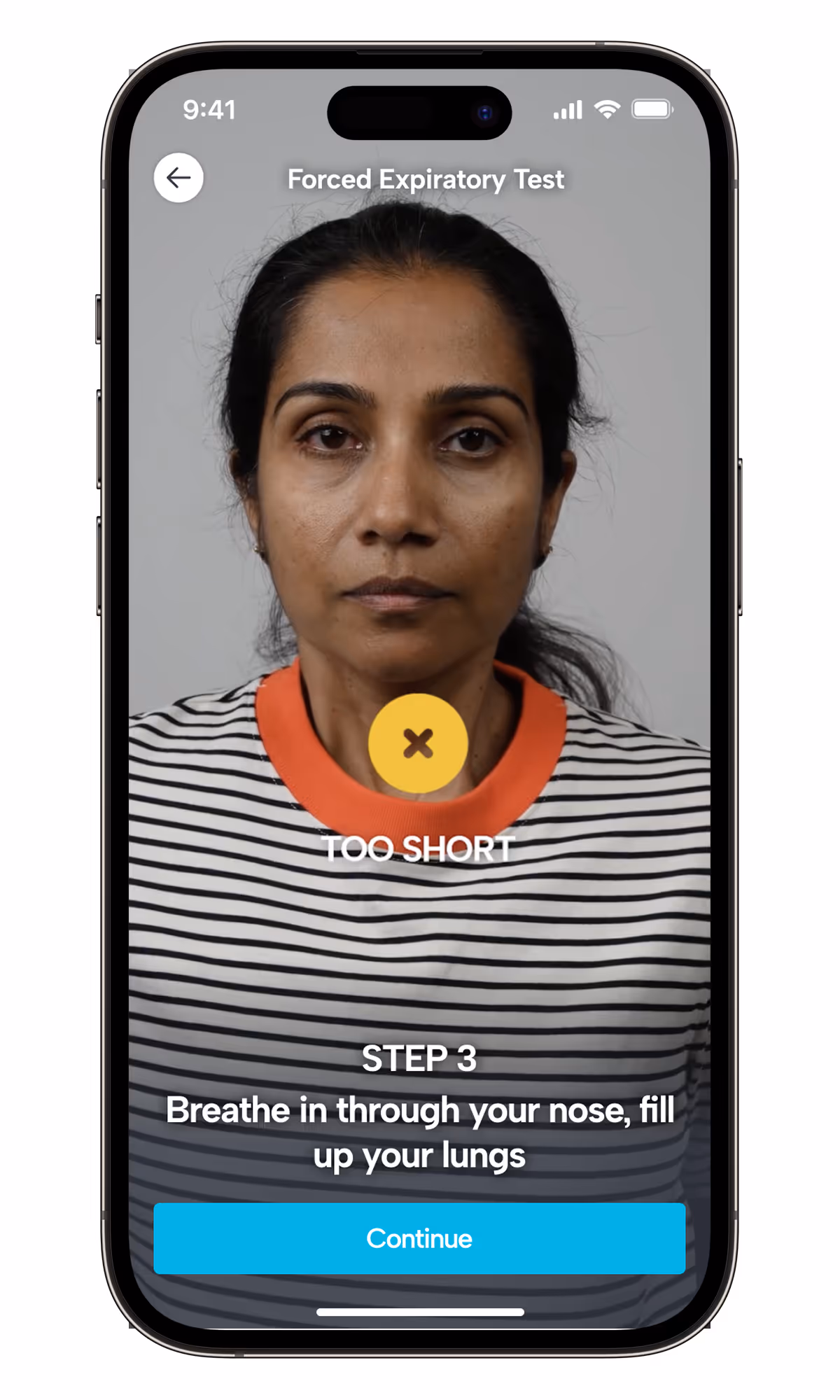 Screen of Eupnoos Mobile App showing Step 3 of the Forced Expiratory Test flow
