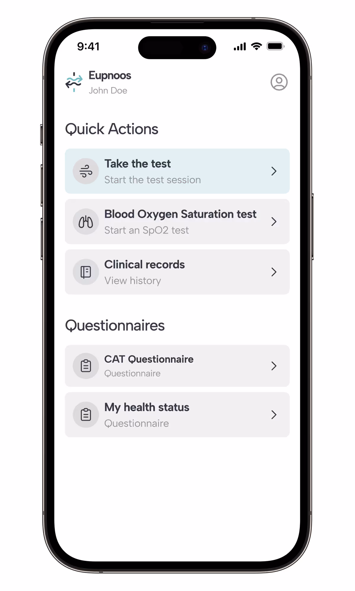 Screen of Eupnoos Mobile App showing the Homescreen view