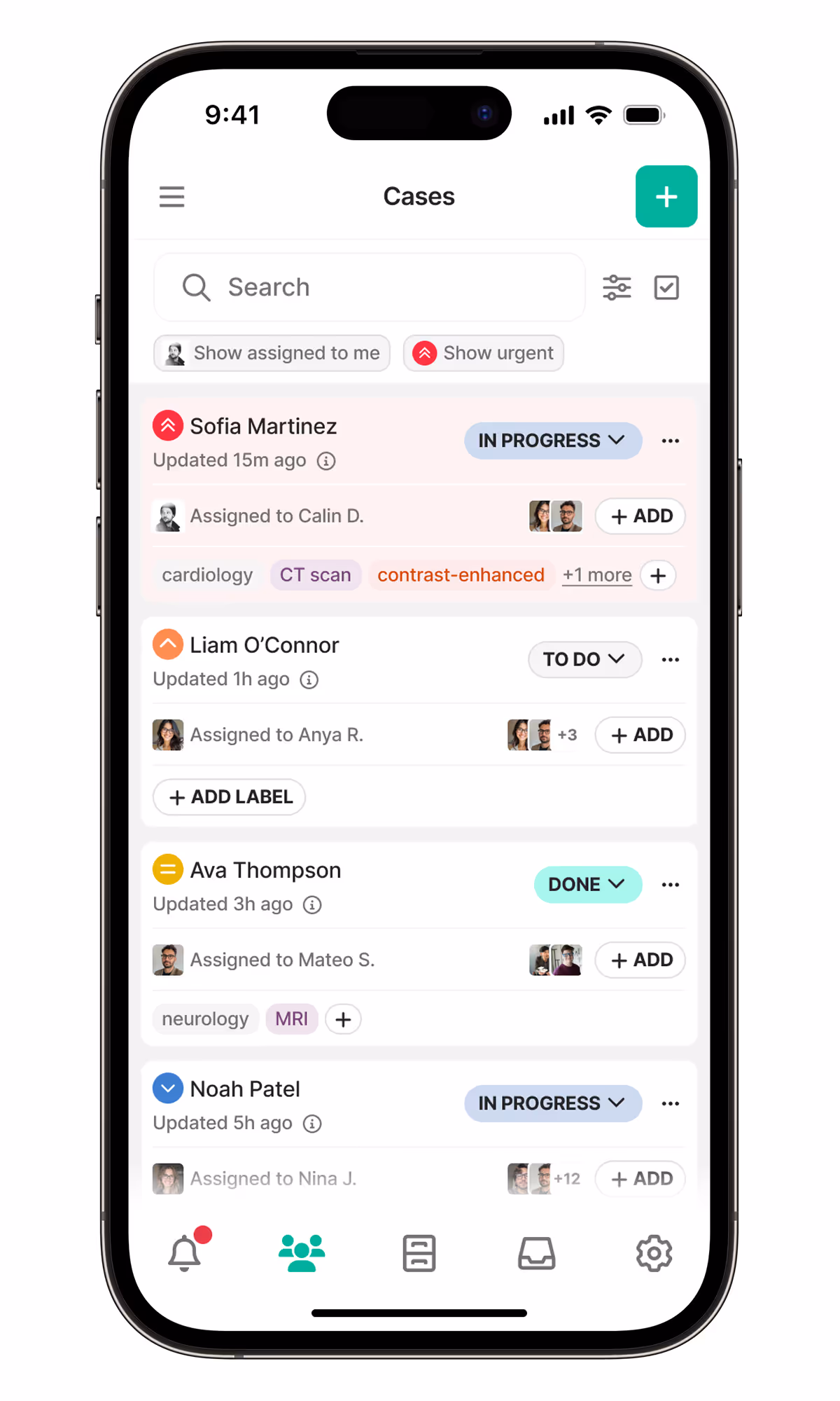 Screen of Medicai Mobile App showing the Cases list view