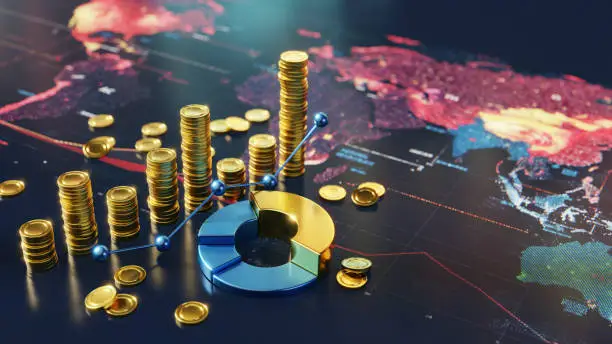 coins and chart on the worlds map