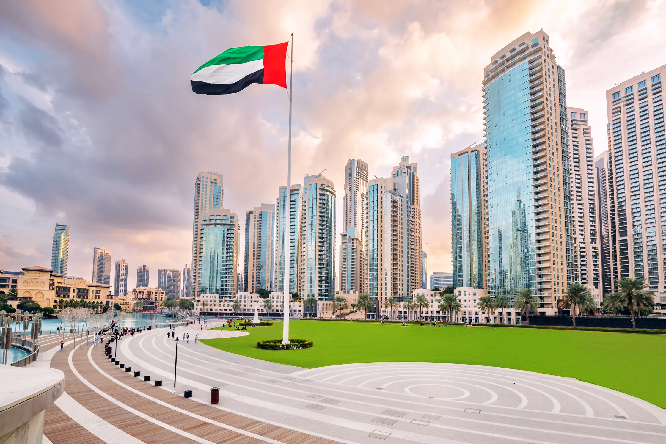 United Arab Emirates flag and dubai buildings