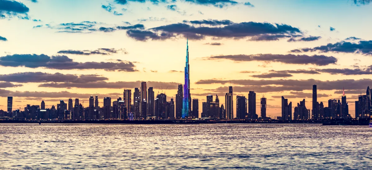 Skyscrapers skyline of Dubai UAE downtown with Burj Khalifa at sunset