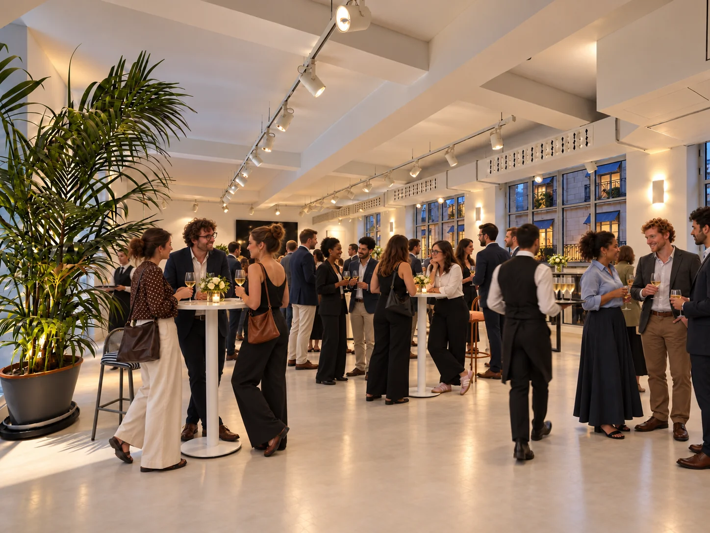 Réception élégante en soirée dans un lieu privatisé KEEZE à Paris, invités et personnel de service
