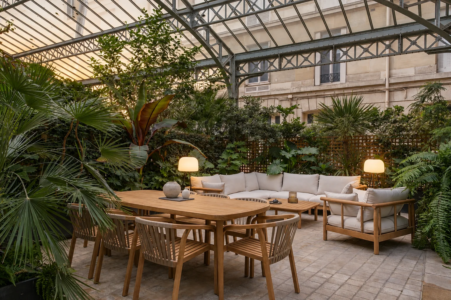 Terrasse végétalisée sous verrière de l'espace Keeze Montaigne, cadre idéal pour une réception de fin d'année