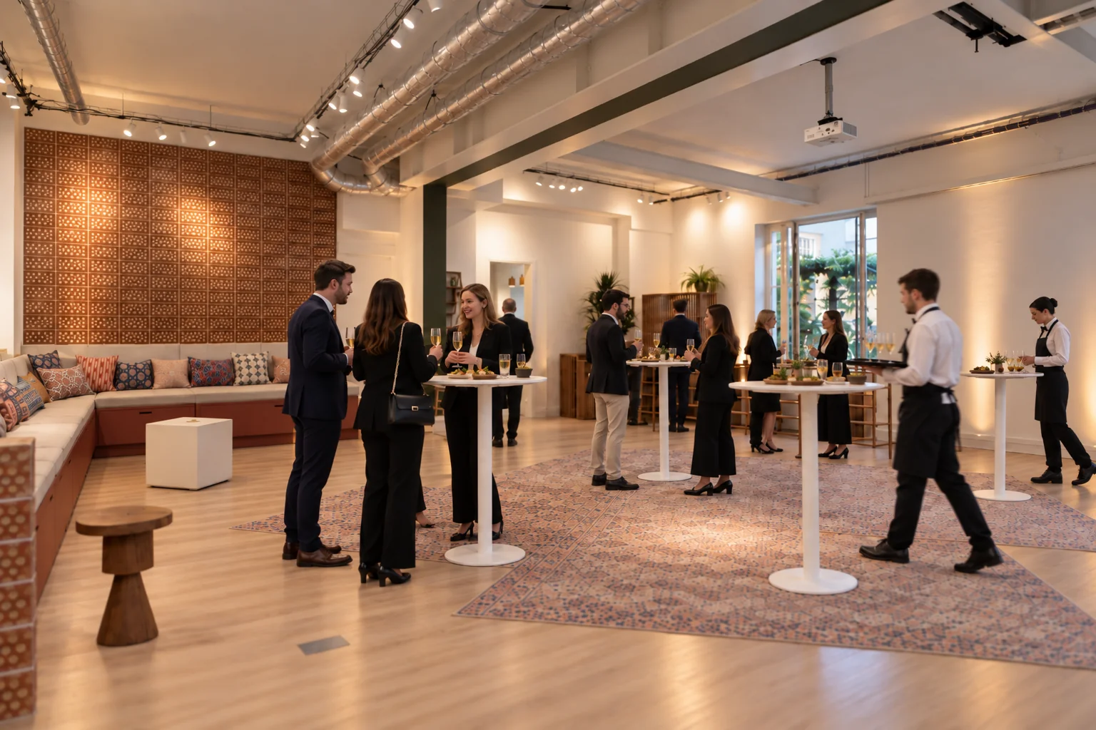 Salon de réception avec tables hautes et personnel de service lors d'un cocktail à la Villa des Champs, Paris 8ème