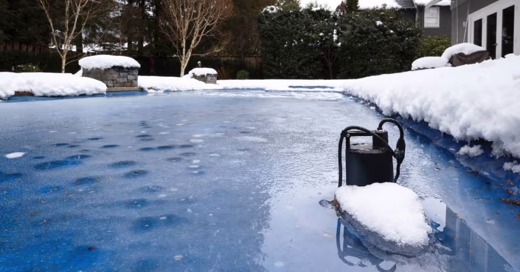 Close-up of a black pump in a swimming pool. The pool and surrounding area have snow, ice, and slush on the surface.