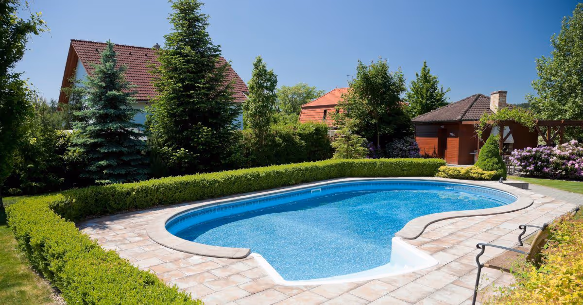 A backyard swimming pool with hedges and tall trees surrounding the area. A brown bench is set up near the pool.