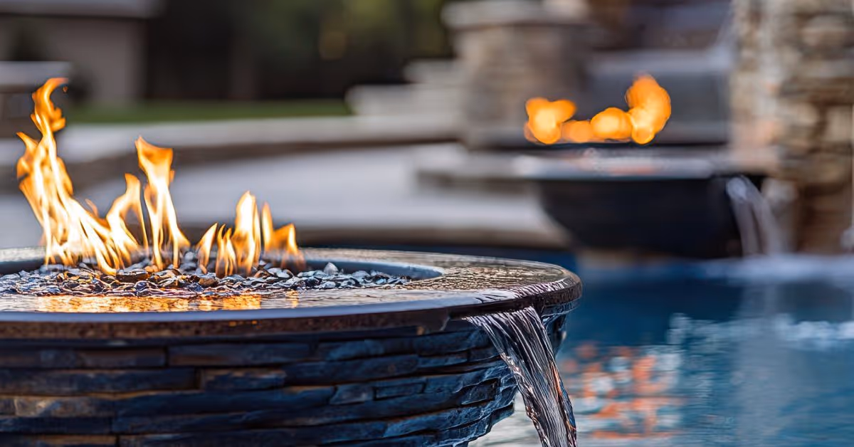 A close-up of a customized pool feature with a fire element added to the waterfall. There's another fire element in the back.