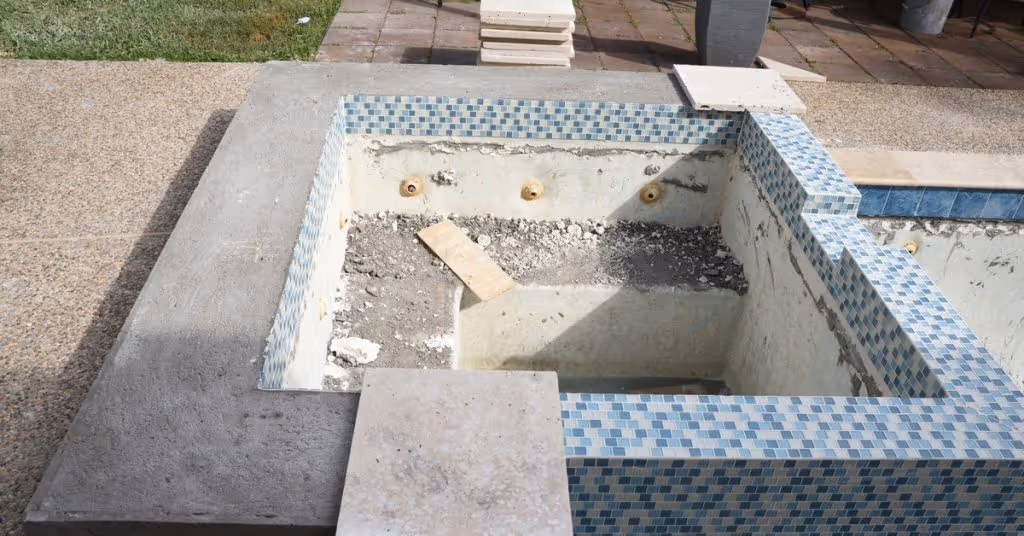 A swimming pool hot tub remodel with new concrete and tile. The tile is blue and white with a checkered design.