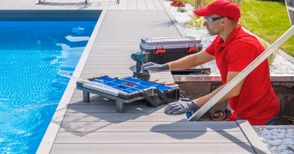 A close-up of a maintenance guy in a red uniform doing routine repairs and maintenance at a residential pool.