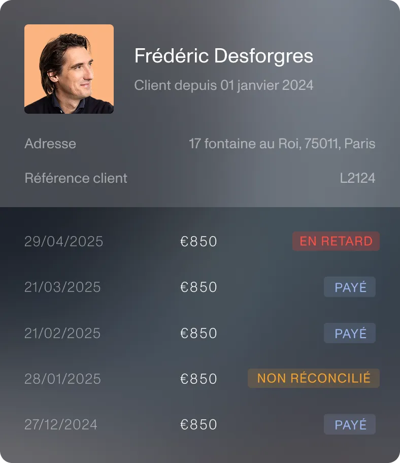 Interface Piloc affichant le profil d’un client avec l’historique de ses paiements, incluant des statuts “payé”, “non réconcilié” et “en retard”.