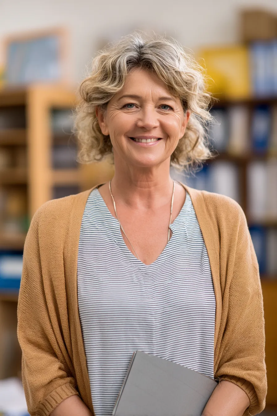 Portrait d’une gestionnaire souriante dans un environnement de bureau, représentant une professionnelle des services essentiels ou du secteur public.