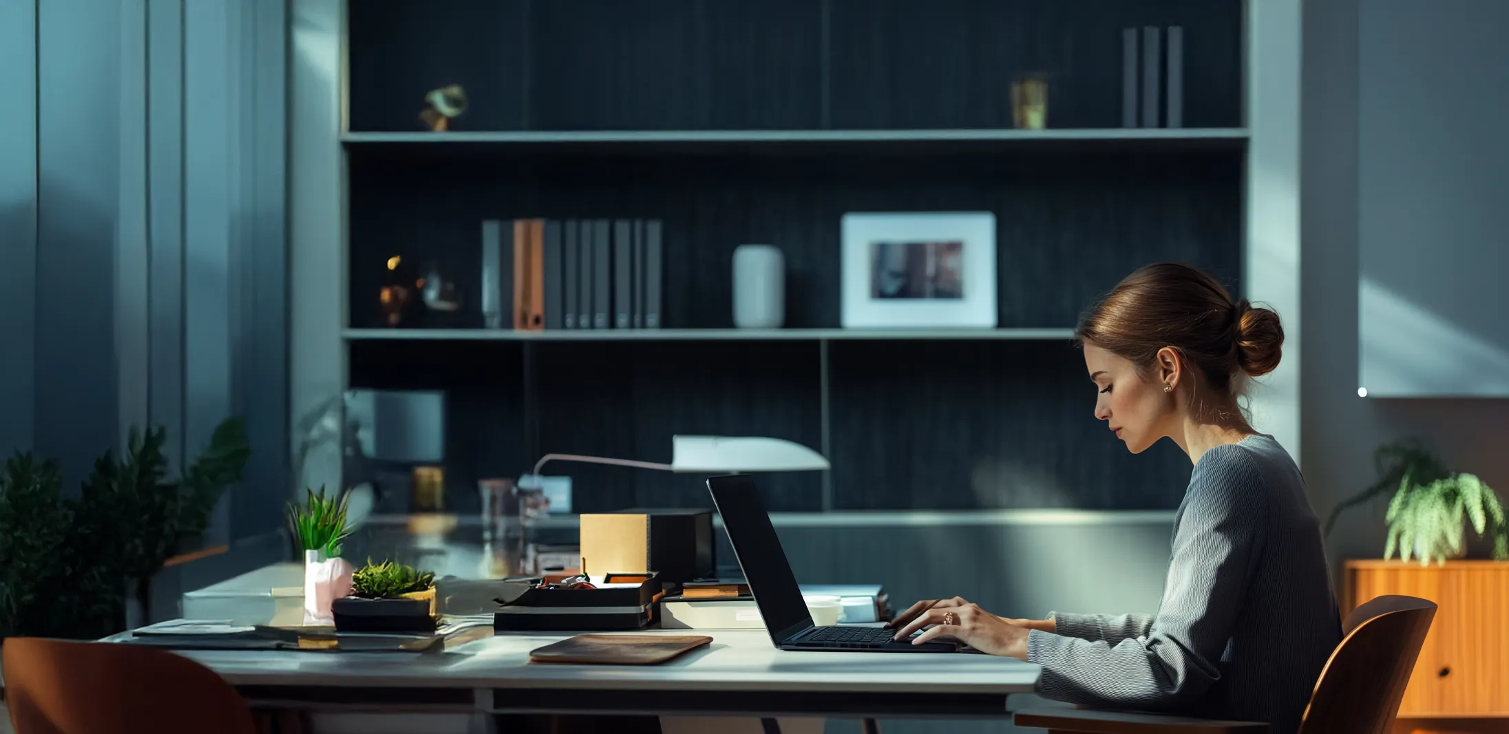 Une femme travaille seule à son bureau en environnement professionnel calme, illustrant la gestion administrative ou le suivi d’encaissements avec Piloc.
